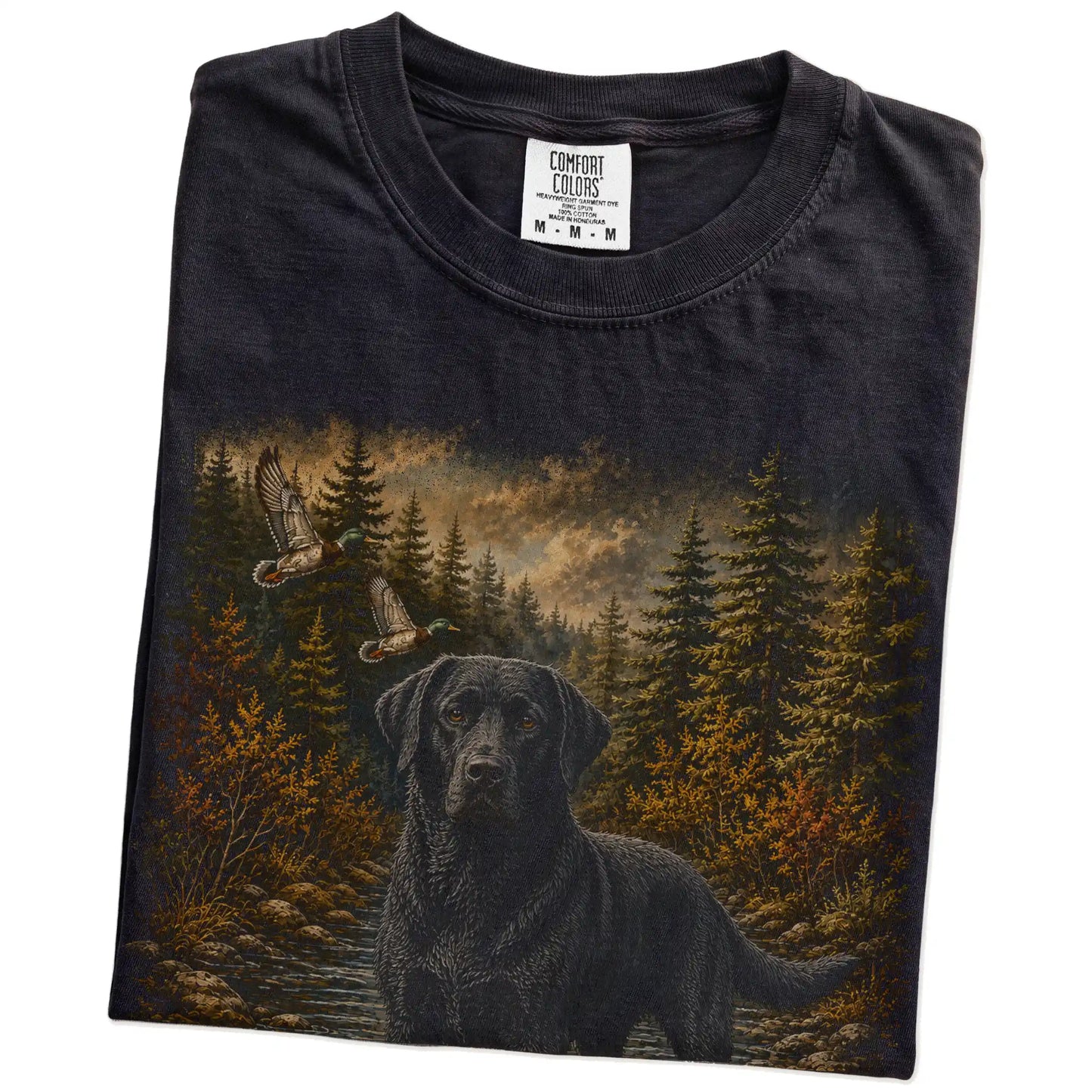 Folded Black Black Lab Duck Hunting T-Shirt showing the graphic