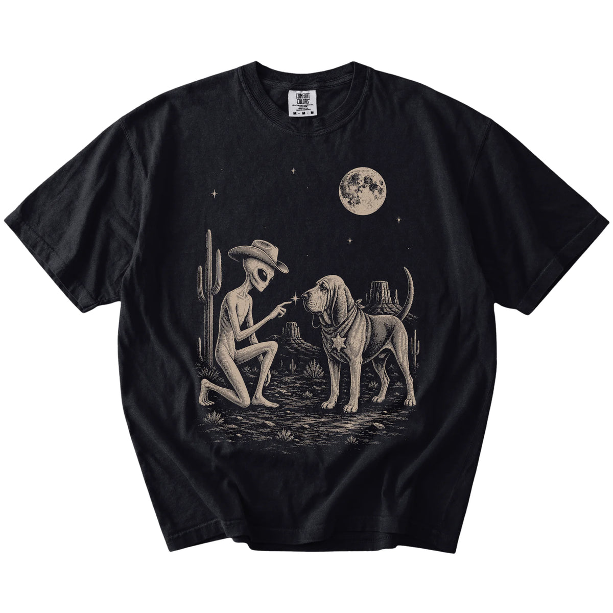 Cowboy alien fist-bumping a Bloodhound beneath the moon on a Black Comfort Colors® T-shirt