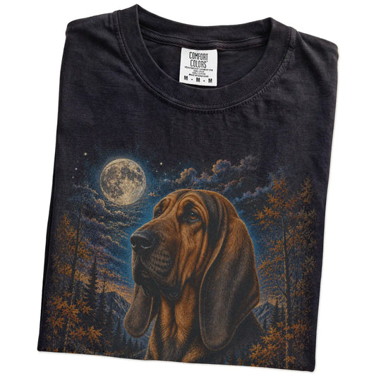 Folded black T-shirt with Bloodhound Autumn Moon artwork.