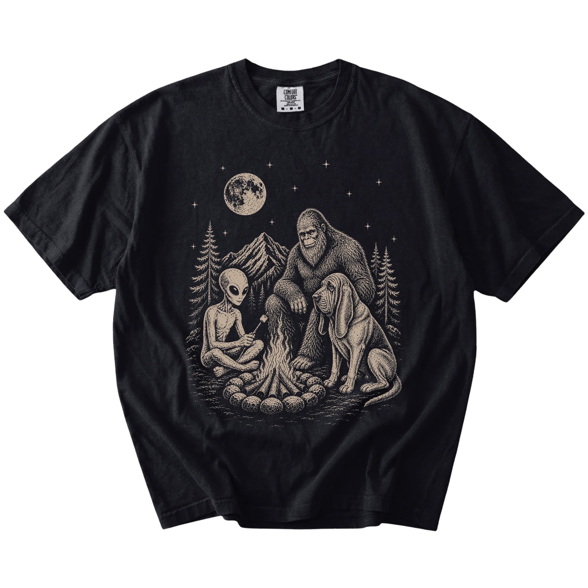 Bloodhound camping with Bigfoot and an alien on a Black Comfort Colors® T-shirt