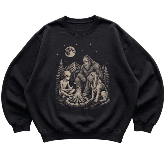 Black Bloodhound Camping with Bigfoot and Alien shirt laid flat