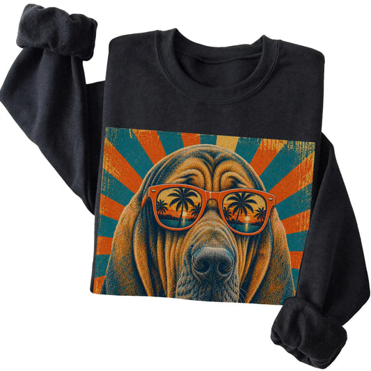 Folded Black crewneck sweatshirt with a Retro Bloodhound Dad design