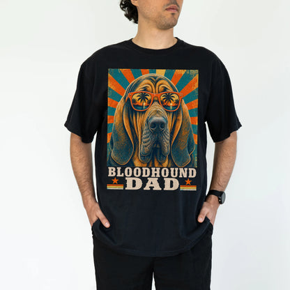 Retro Bloodhound Dad design on a Black Comfort Colors T-shirt worn by a model
