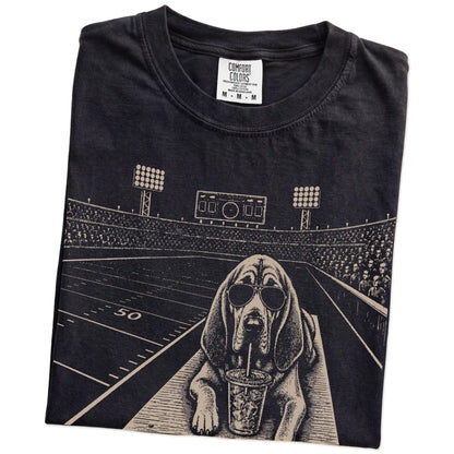 Folded Black Comfort Colors® T-shirt showing Bloodhound ready for football and tailgate season