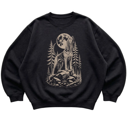 Close view of Bloodhound Howling at the Moon artwork on Black crewneck sweatshirt