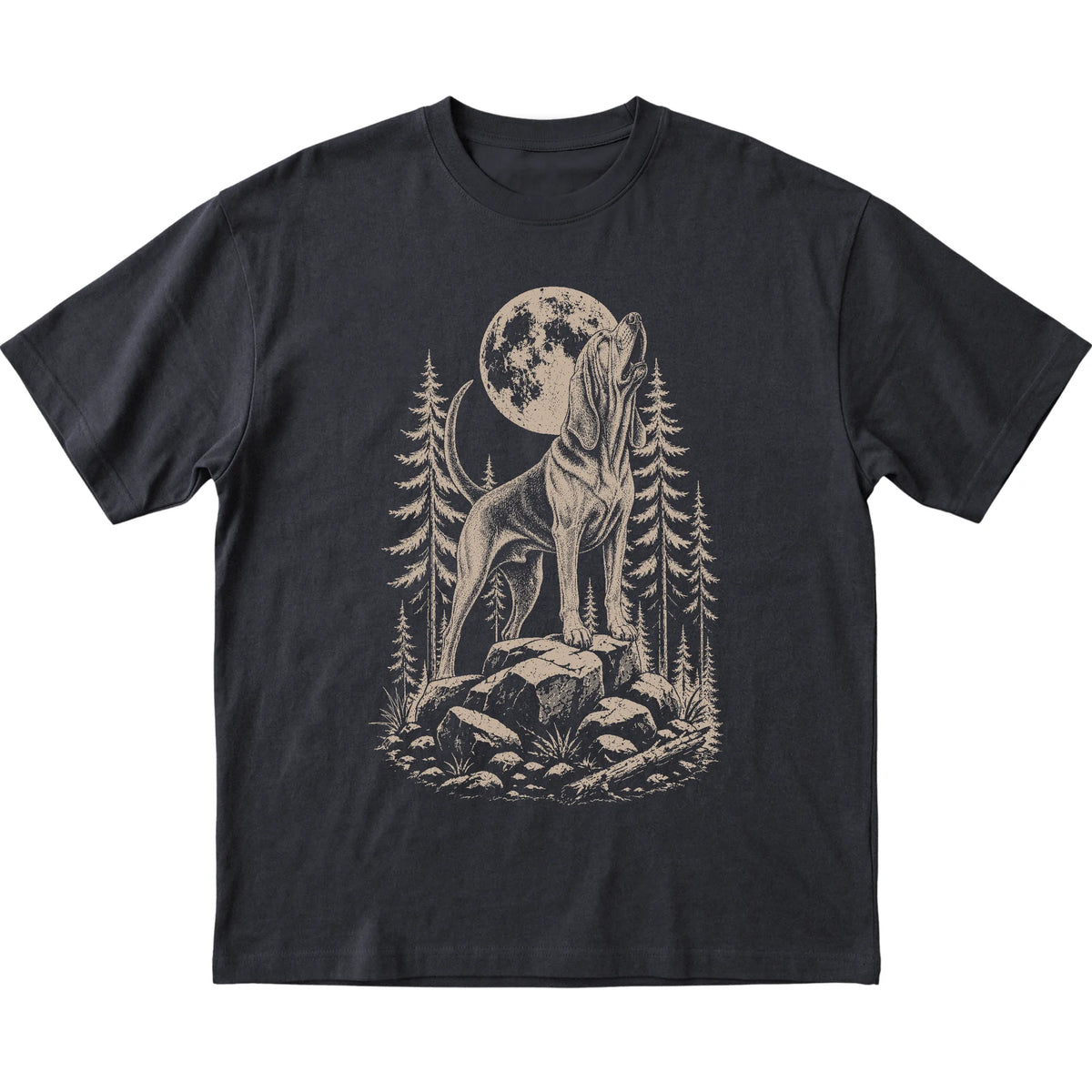Close view of Bloodhound Howling at the Moon artwork on Black softstyle T-shirt