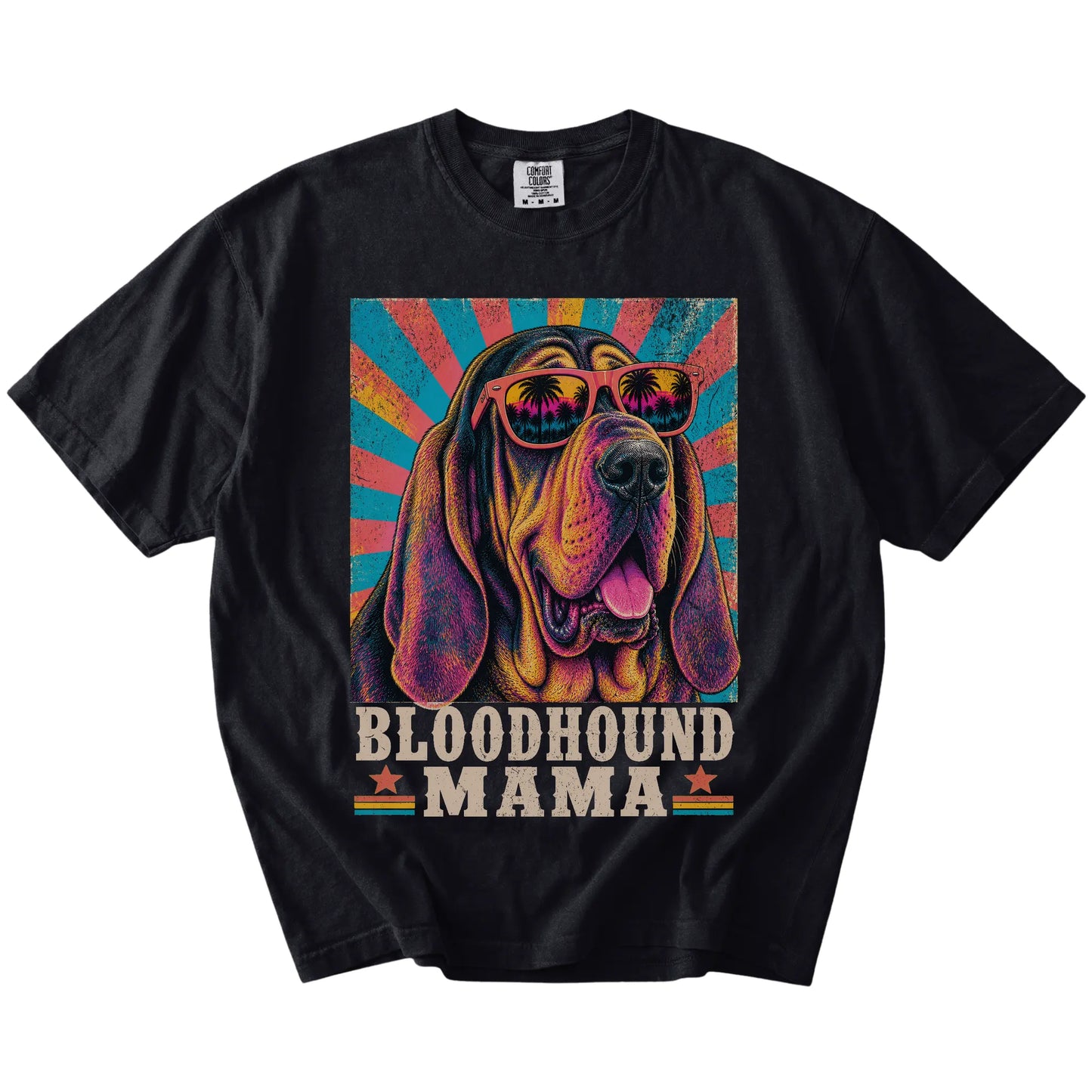 Retro Bloodhound Mama design on a Black Comfort Colors T-shirt