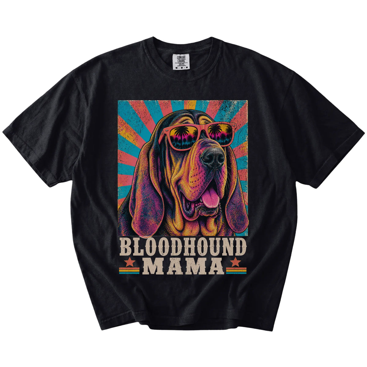 Retro Bloodhound Mama design on a Black Comfort Colors T-shirt