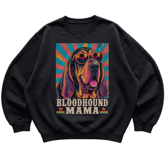 Retro Bloodhound Mama design on a Black crewneck sweatshirt