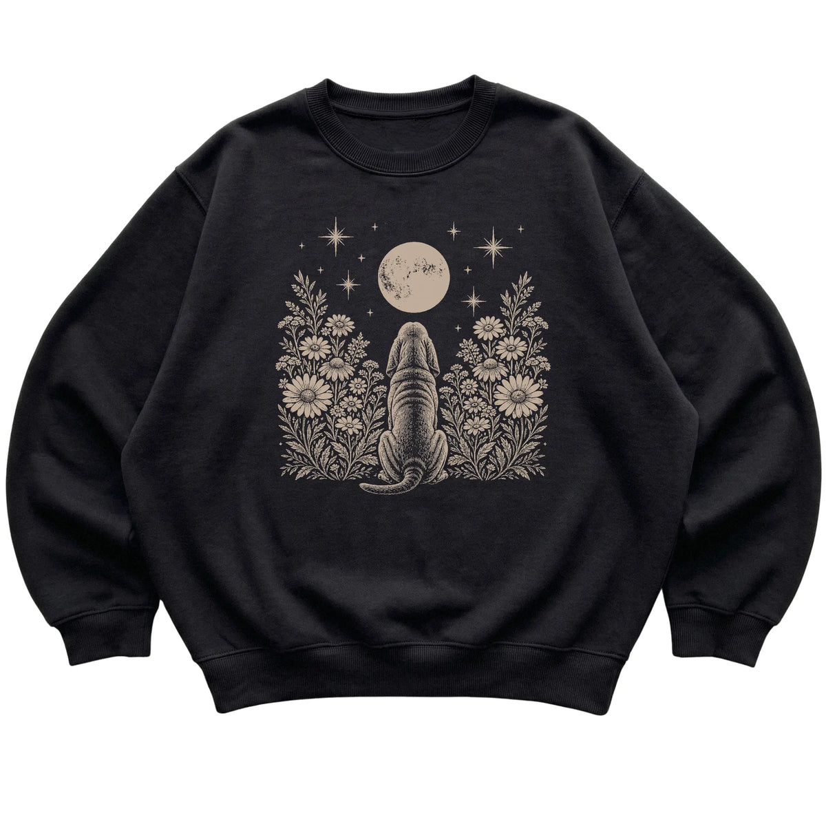 Black crewneck sweatshirt featuring Wildflower Moon Bloodhound, laid-flat presentation