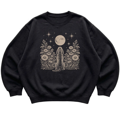 Black crewneck sweatshirt featuring Wildflower Moon Bloodhound, laid-flat presentation