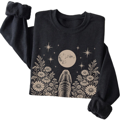 Black crewneck sweatshirt featuring Wildflower Moon Bloodhound, folded presentation