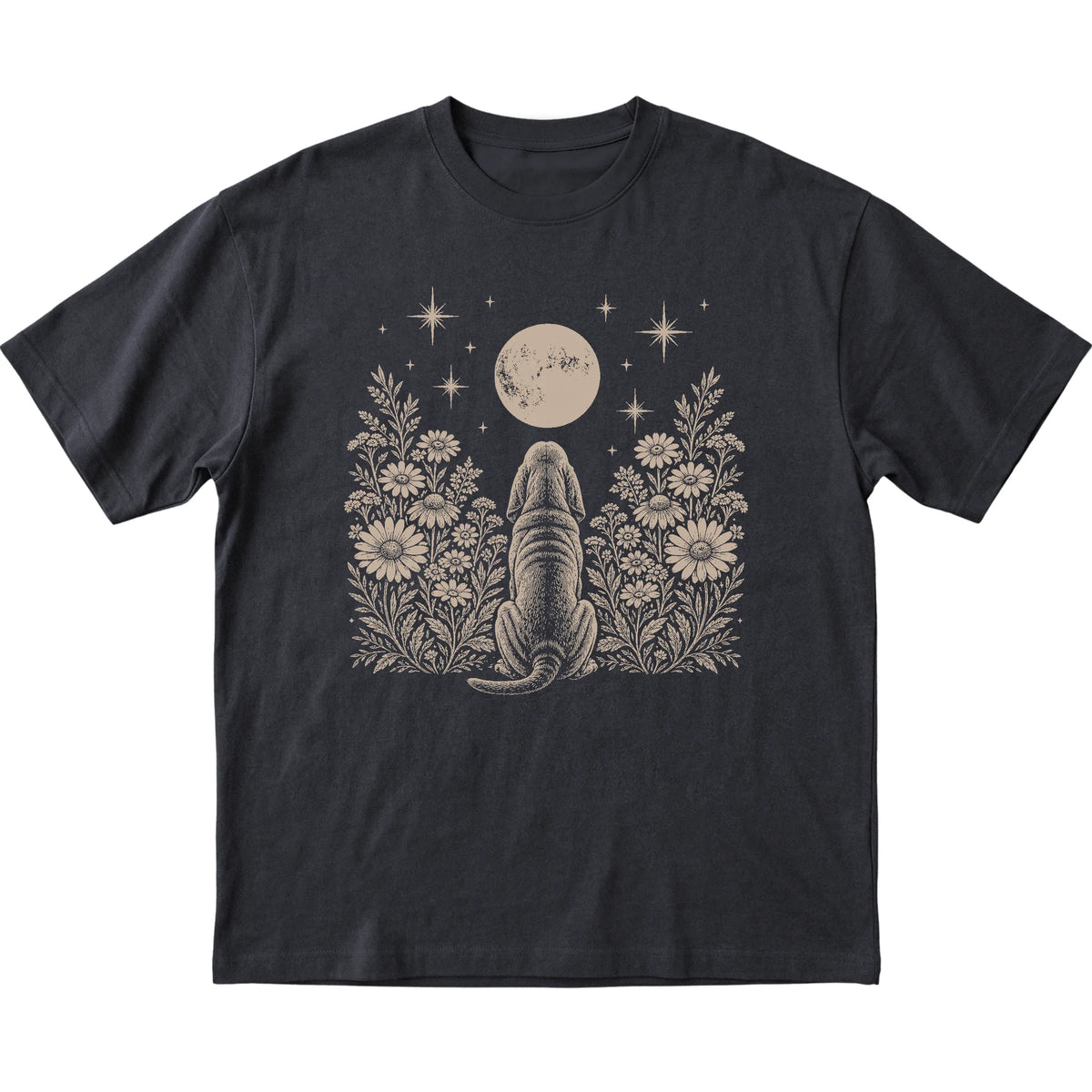 Black T-shirt featuring Wildflower Moon Bloodhound, laid-flat presentation