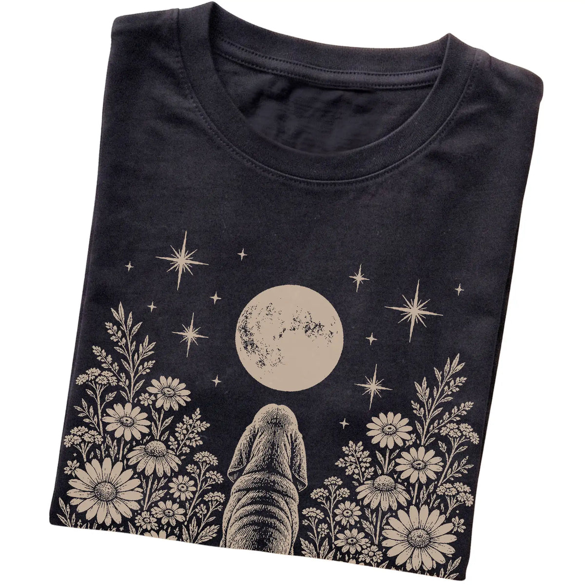 Black T-shirt featuring Wildflower Moon Bloodhound, folded presentation