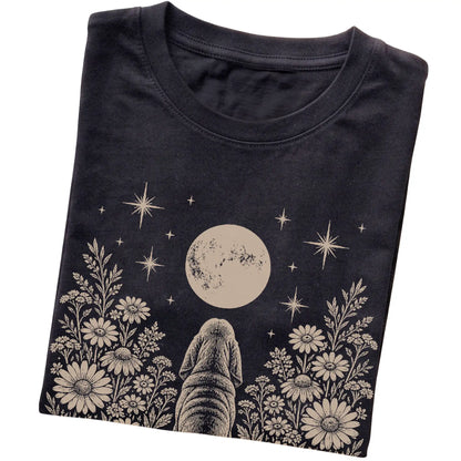 Black T-shirt featuring Wildflower Moon Bloodhound, folded presentation