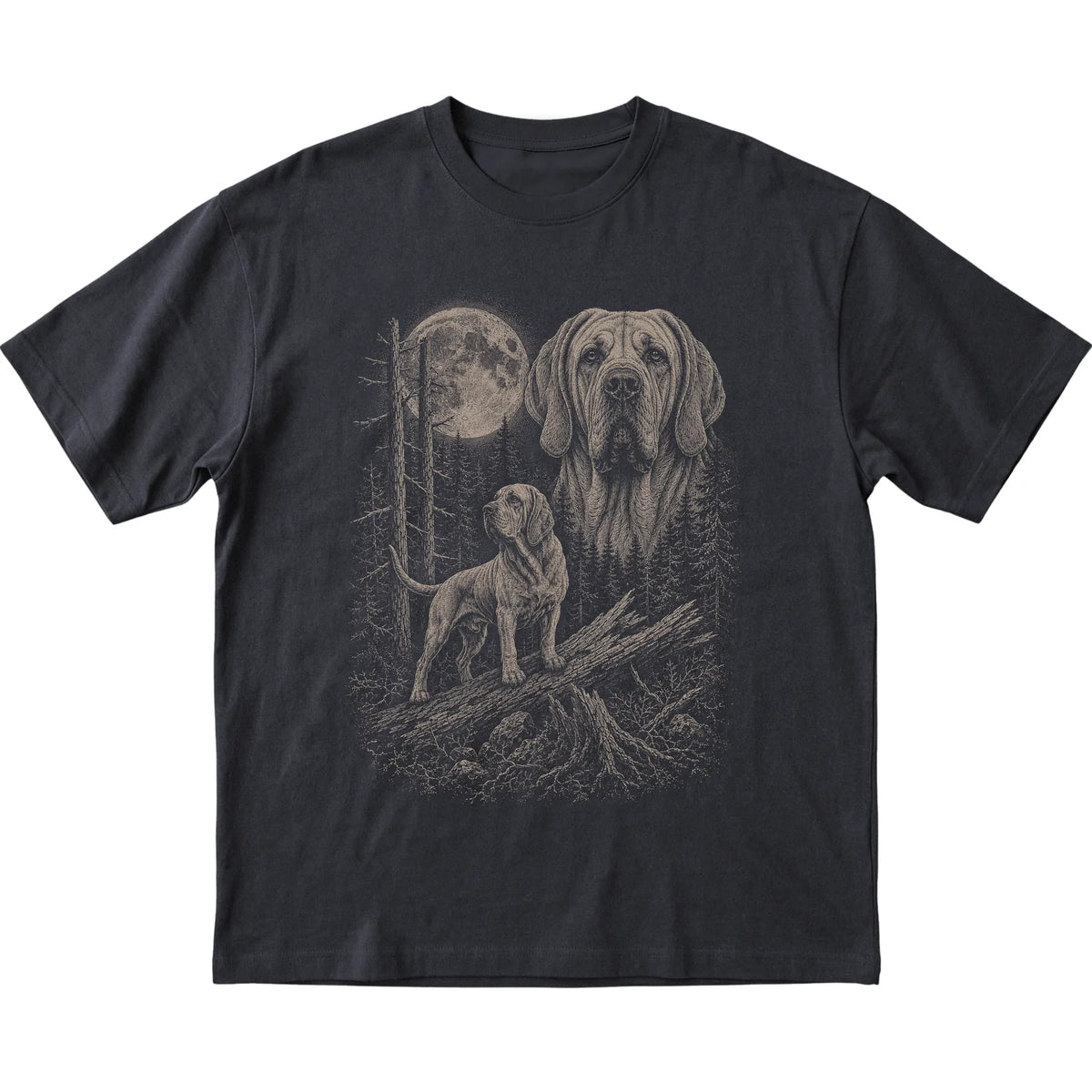 Bloodhound Moonlit Forest graphic on a black Softstyle T-shirt laid flat
