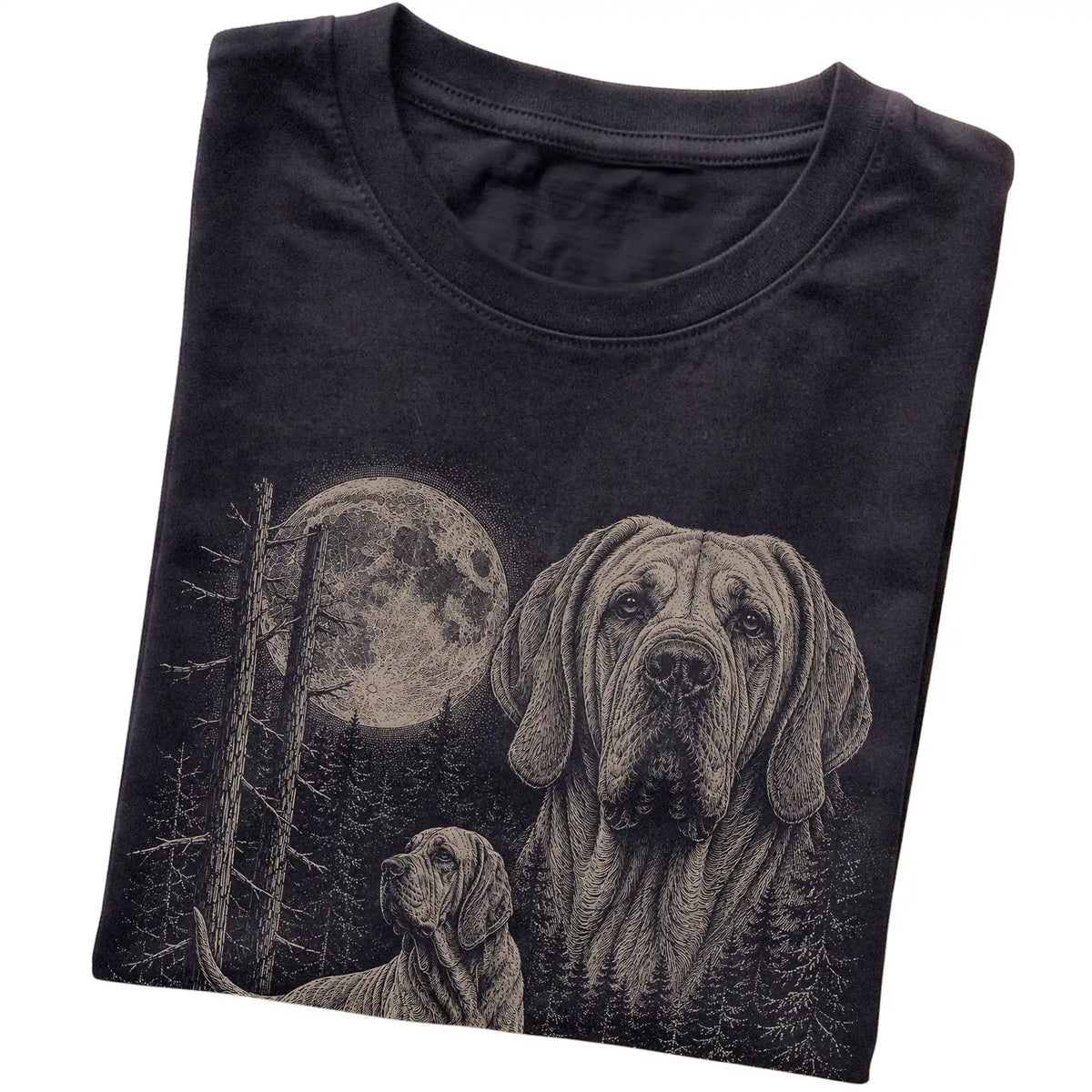 Folded black Softstyle T-shirt showing the Bloodhound Moonlit Forest graphic
