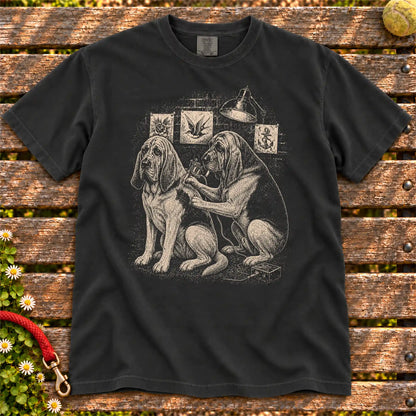 Bloodhound Tattoo design on a Black Comfort Colors T-shirt, shown flat