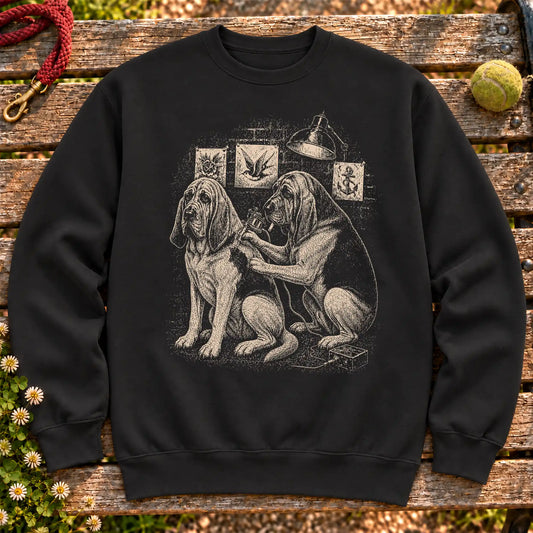Bloodhound Tattoo on a Black crewneck sweatshirt, shown flat