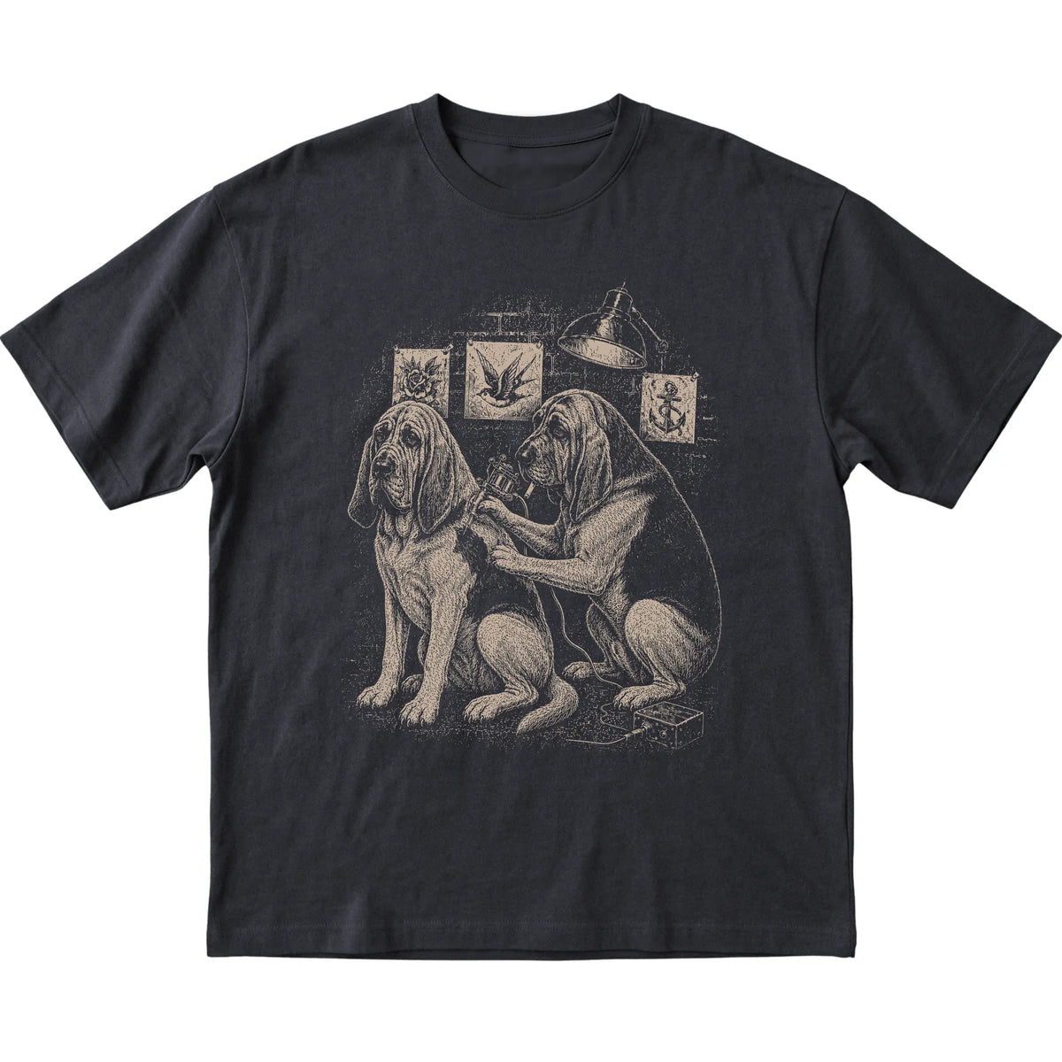 Black Bloodhound Dog Tattoo Artist shirt laid flat