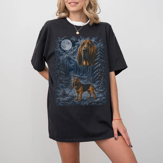 Model wearing a black T-shirt with Bloodhound Winter Moon artwork.