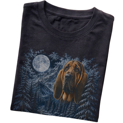 Folded black T-shirt with Bloodhound Winter Moon artwork.