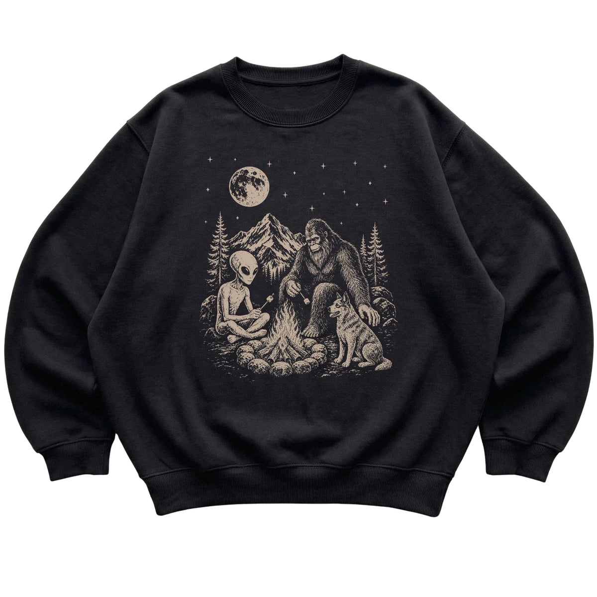 Black Blue Heeler Camping with Bigfoot and Alien shirt laid flat