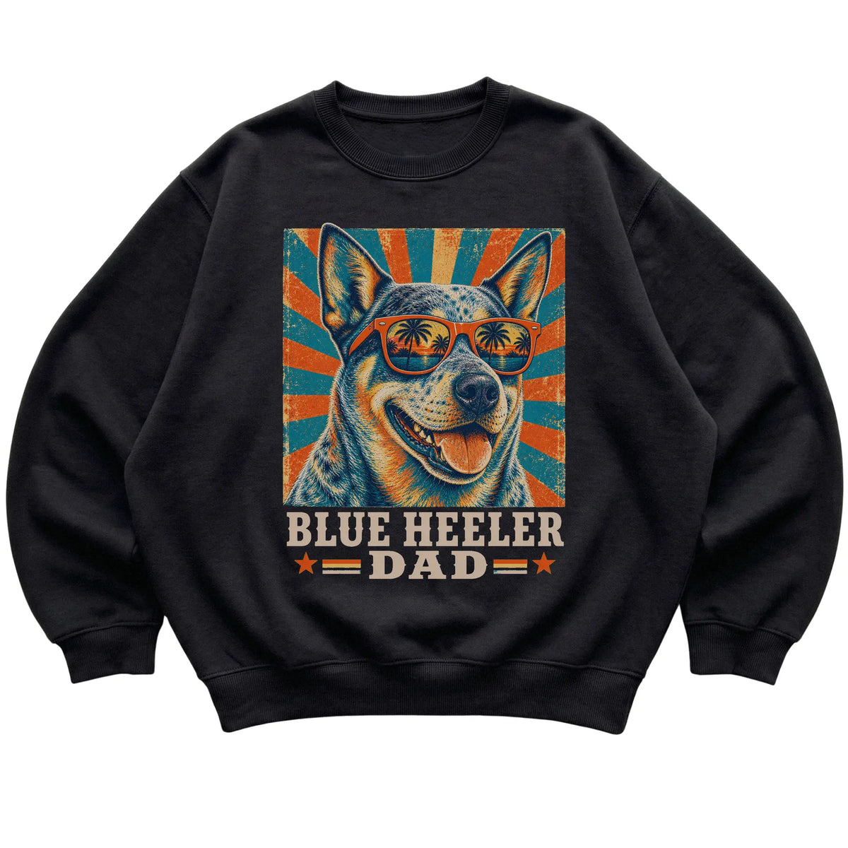 Retro Blue Heeler Dad design on a Black crewneck sweatshirt