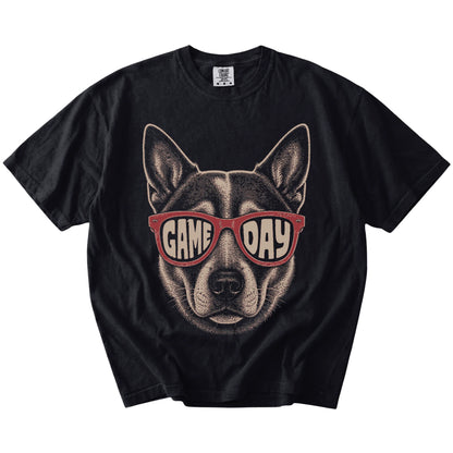 Blue Heeler wearing red Game Day sunglasses on a Black Comfort Colors® T-shirt