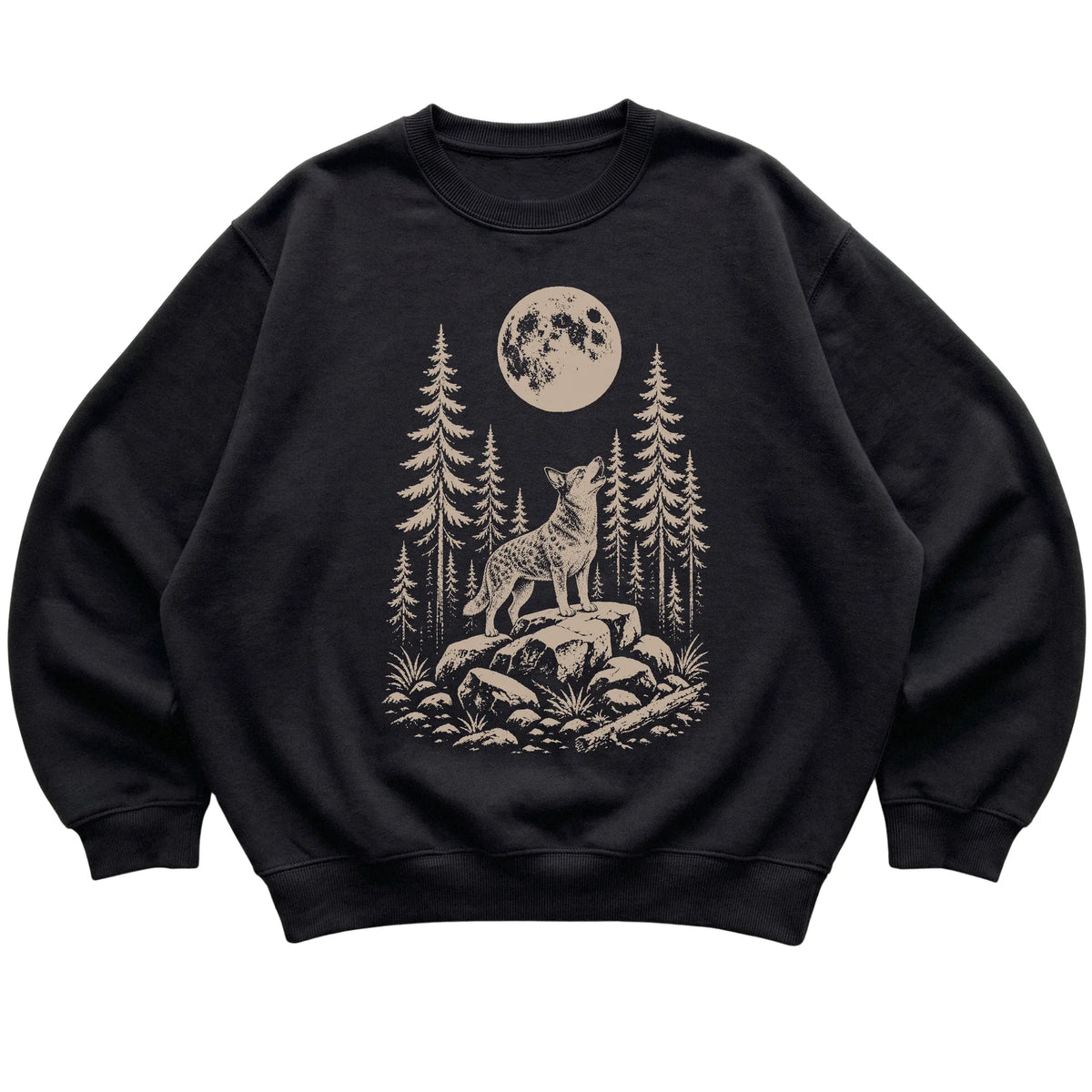 Close view of Blue Heeler Howling at the Moon artwork on Black crewneck sweatshirt