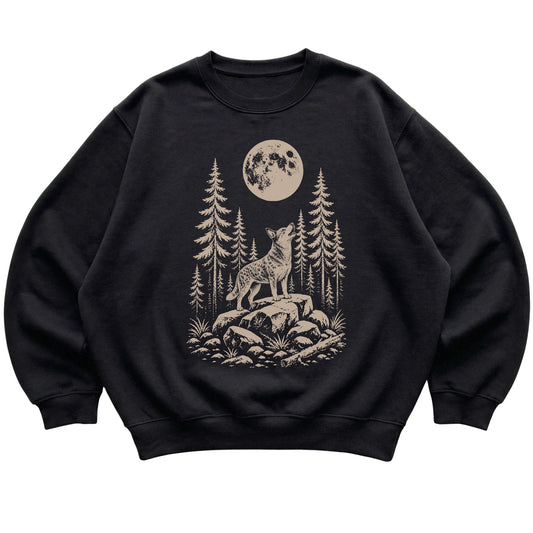 Close view of Blue Heeler Howling at the Moon artwork on Black crewneck sweatshirt