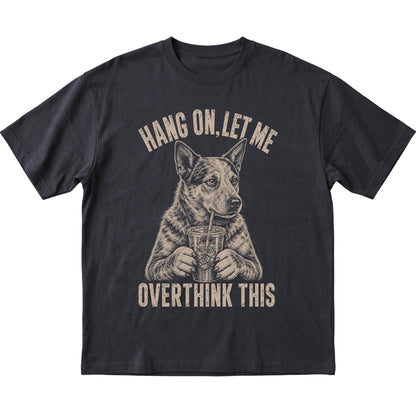 Black T-shirt featuring Overthinking American Bulldog, laid-flat presentation