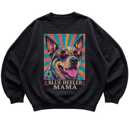 Retro Blue Heeler Mama design on a Black crewneck sweatshirt