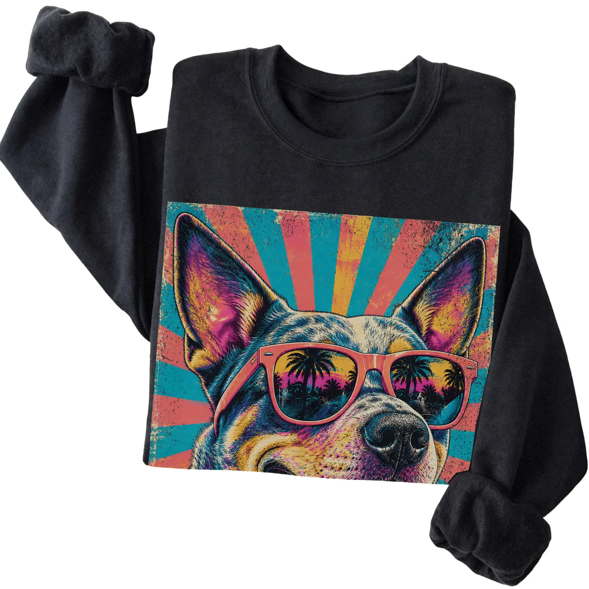 Folded Black crewneck sweatshirt with a Retro Blue Heeler Mama design