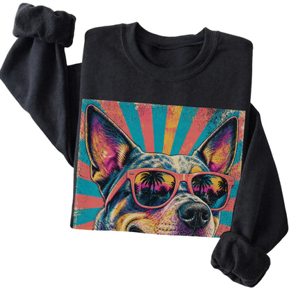 Folded Black crewneck sweatshirt with a Retro Blue Heeler Mama design