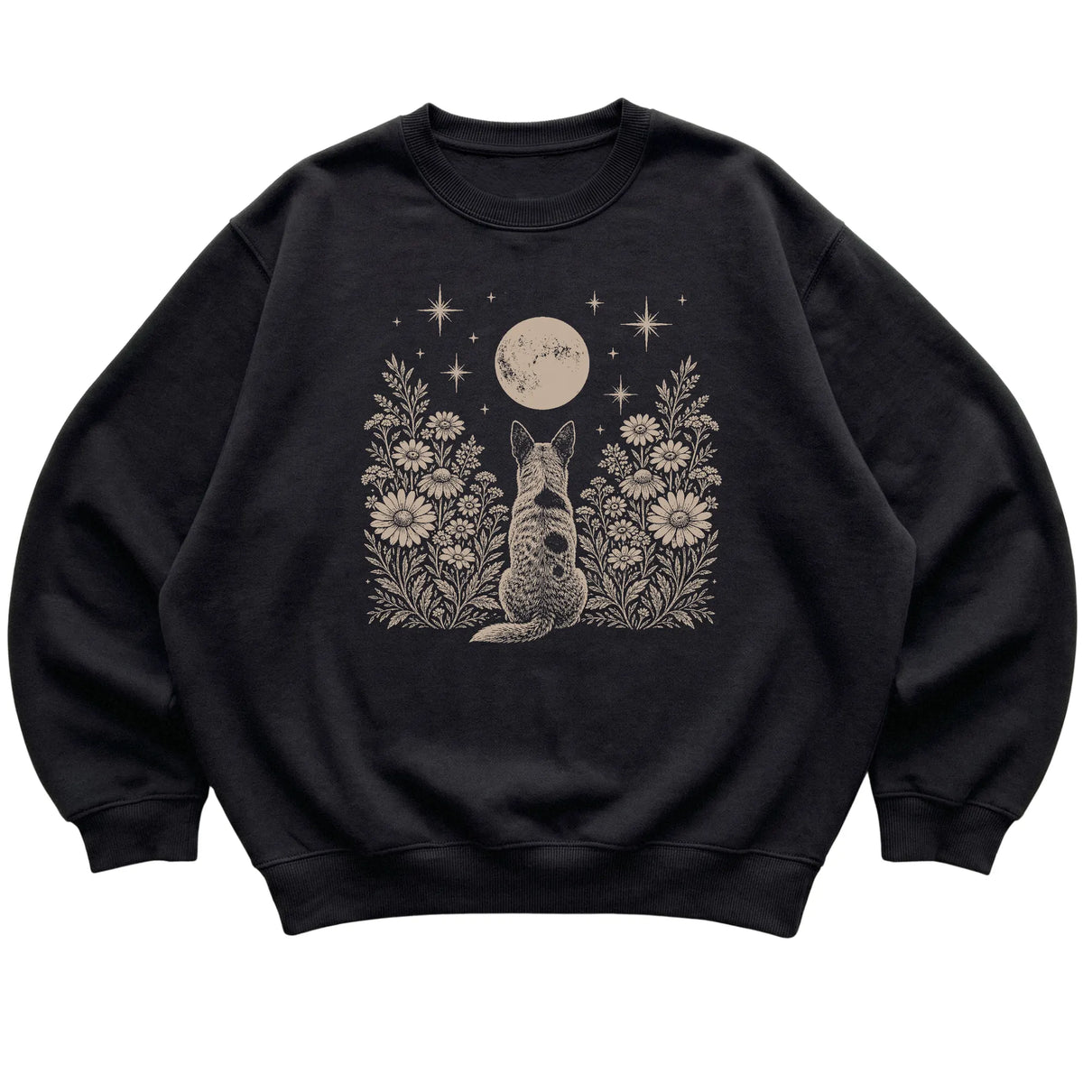 Black crewneck sweatshirt featuring Wildflower Moon Blue Heeler, laid-flat presentation