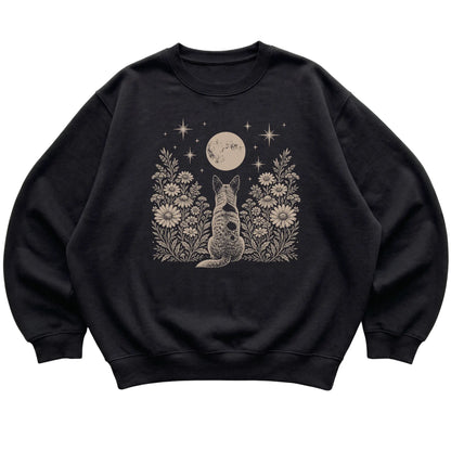 Black crewneck sweatshirt featuring Wildflower Moon Blue Heeler, laid-flat presentation