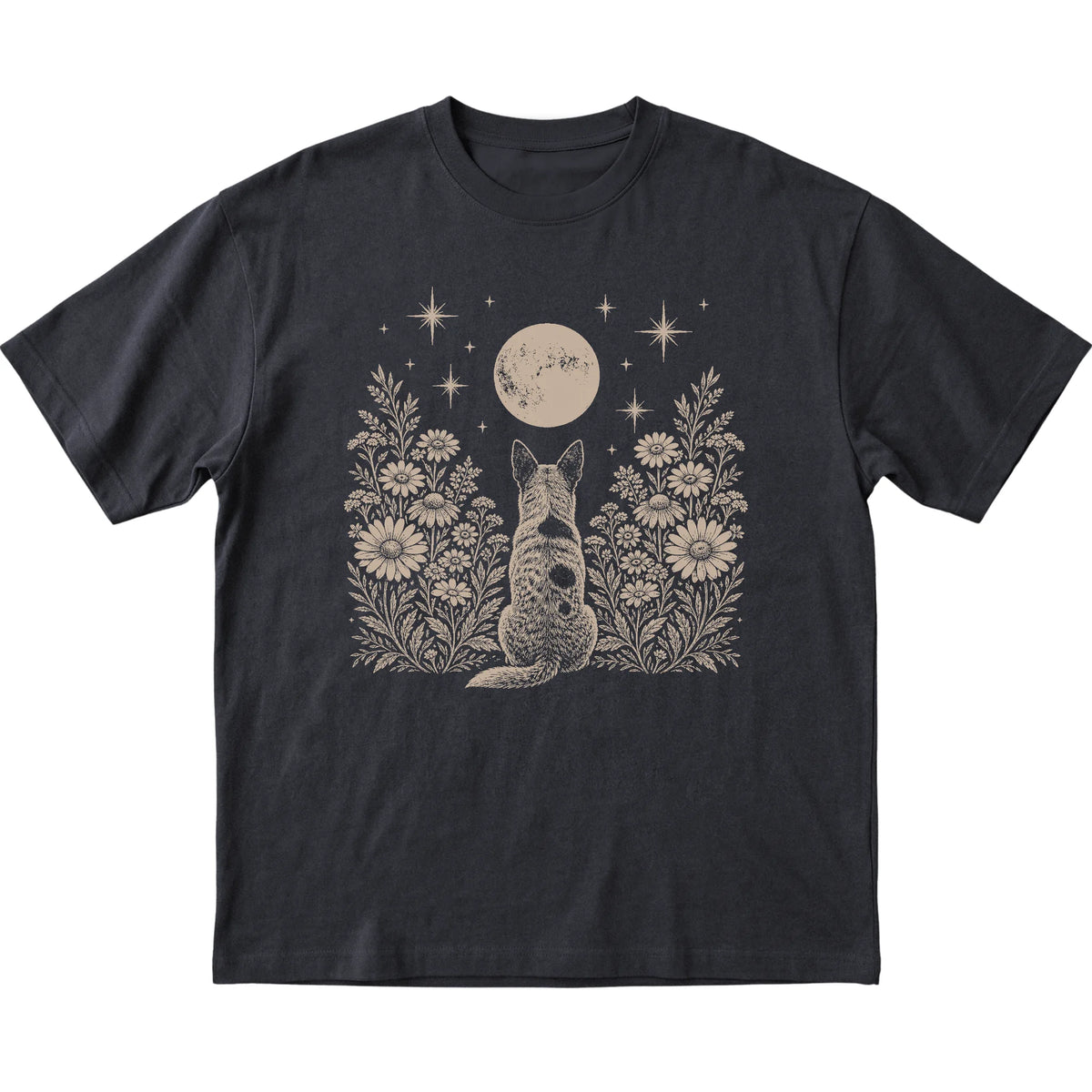 Black T-shirt featuring Wildflower Moon Blue Heeler, laid-flat presentation