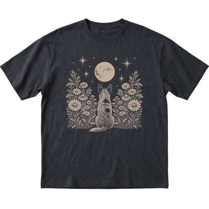 Black T-shirt featuring Wildflower Moon Blue Heeler, laid-flat presentation
