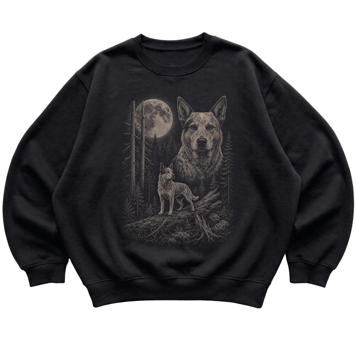 Blue Heeler Moonlit Forest graphic on a black crewneck sweatshirt laid flat
