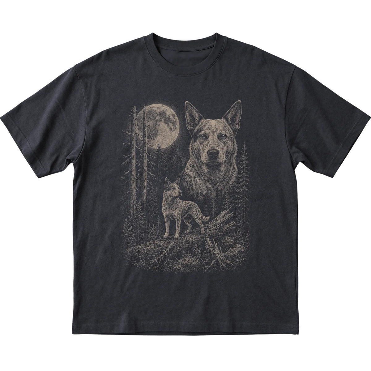 Blue Heeler Moonlit Forest graphic on a black Softstyle T-shirt laid flat