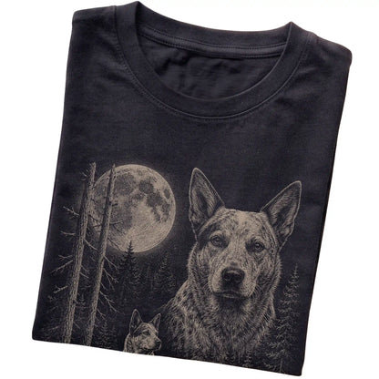 Folded black Softstyle T-shirt showing the Blue Heeler Moonlit Forest graphic