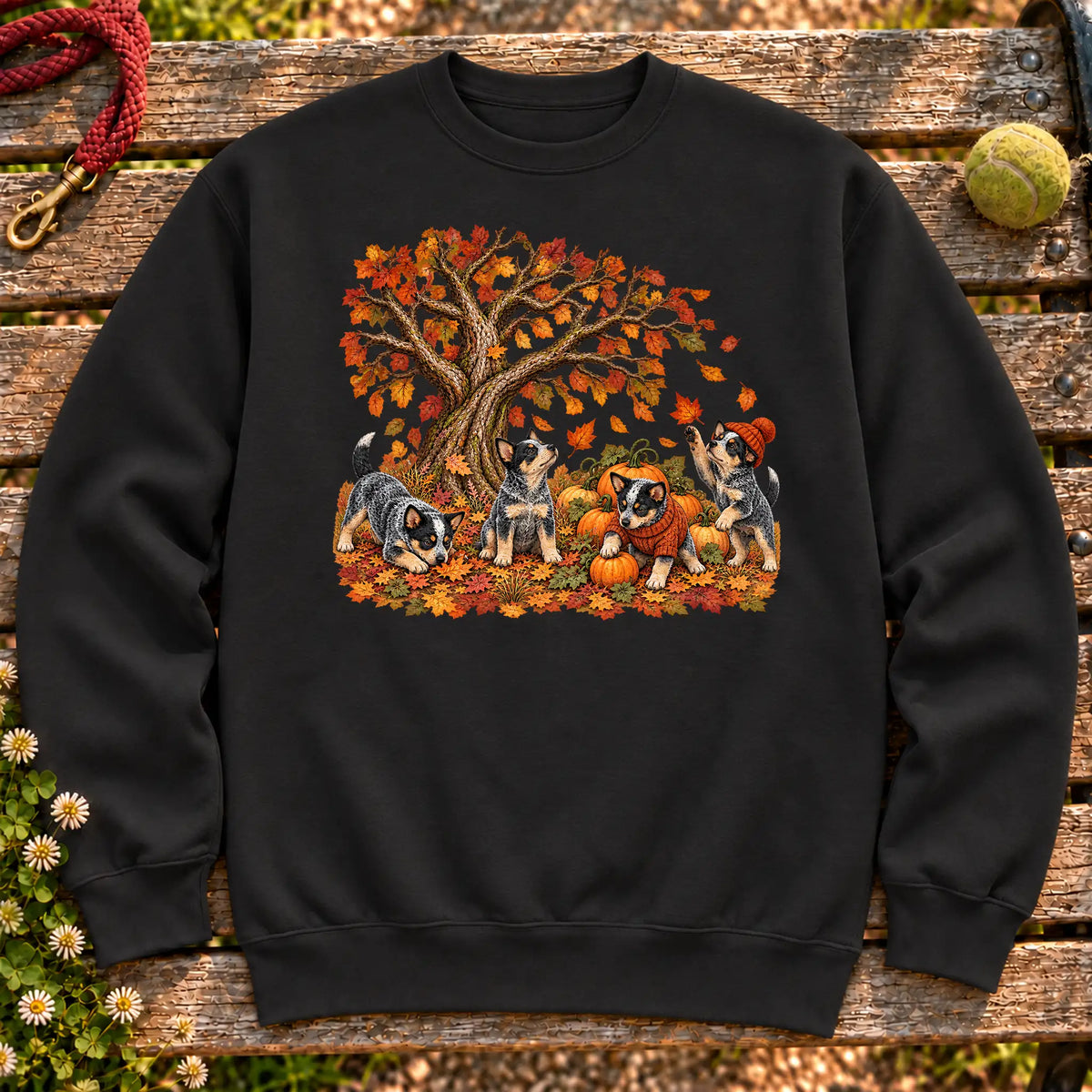 Four Blue Heeler puppies with pumpkins beneath an autumn tree on a Black crewneck sweatshirt