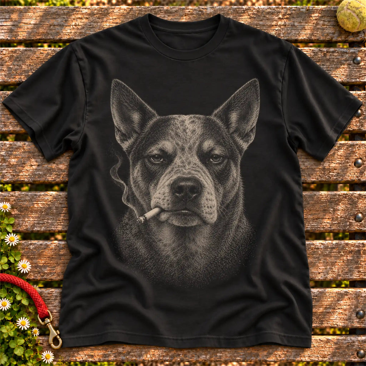 Blue Heeler smoking design on a Black t-shirt