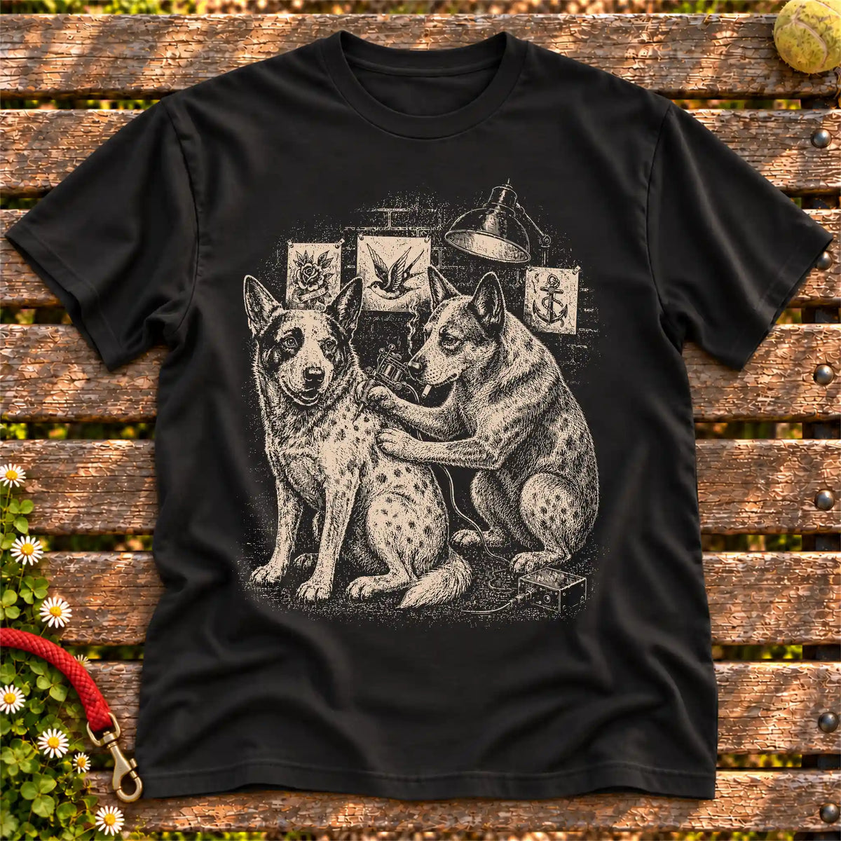 Blue Heeler Tattoo on a Black T-shirt, shown flat