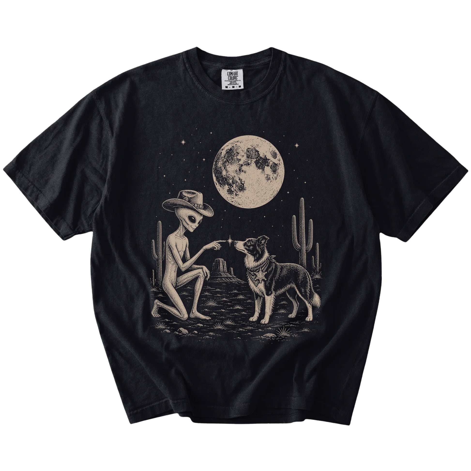 Cowboy alien fist-bumping a Border Collie beneath the moon on a Black Comfort Colors® T-shirt