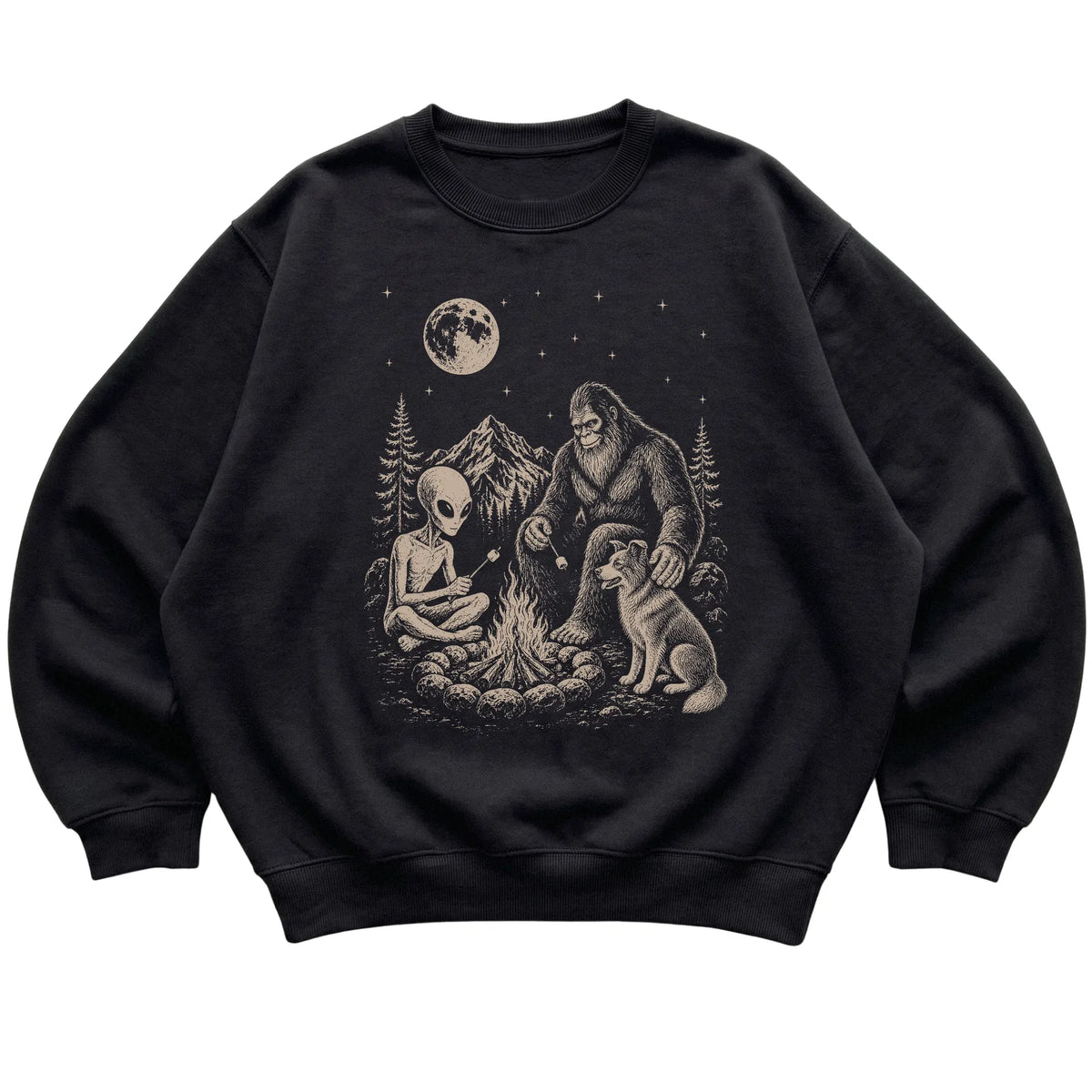 Black Border Collie Camping with Bigfoot and Alien shirt laid flat