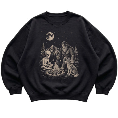 Black Border Collie Camping with Bigfoot and Alien shirt laid flat
