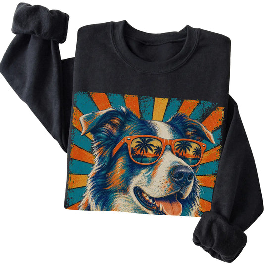 Folded Black crewneck sweatshirt with a Retro Border Collie Dad design