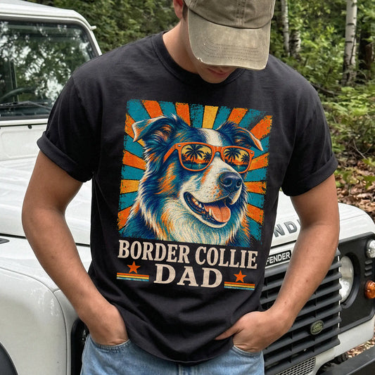 Retro Border Collie Dad design on a Black Comfort Colors T-shirt worn by a model